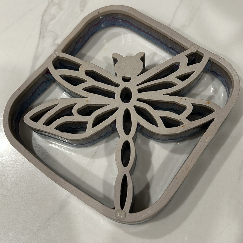 Glazed Pottery Dragonfly Trivet- handmade hot plate - Stoneware Pottery: Sunrise - Picture 2 of 6